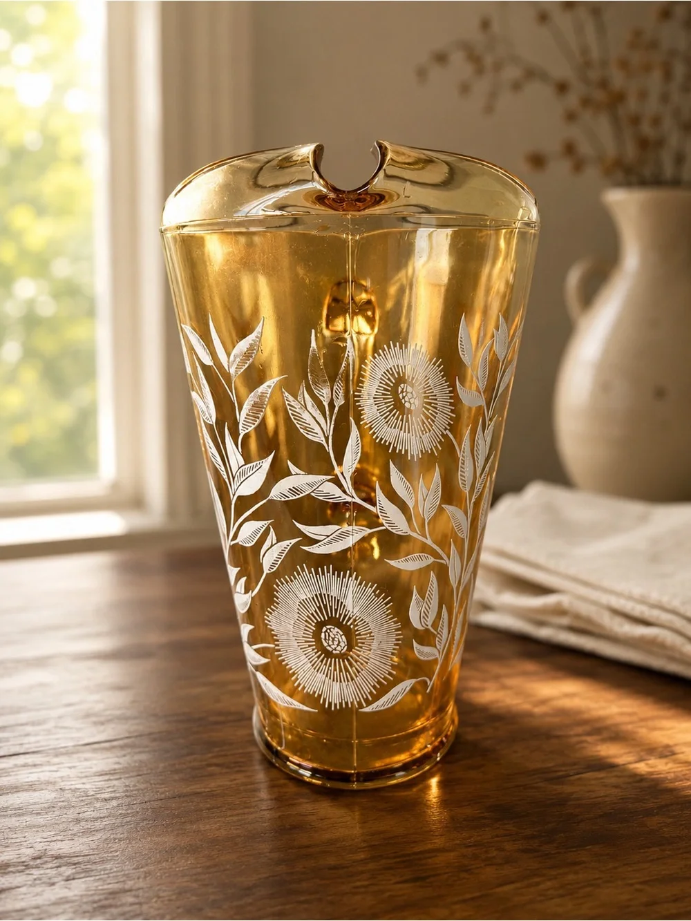 Vintage Jeannette Cosmos Marigold Carnival Glass Floral Pitcher 9 Inch